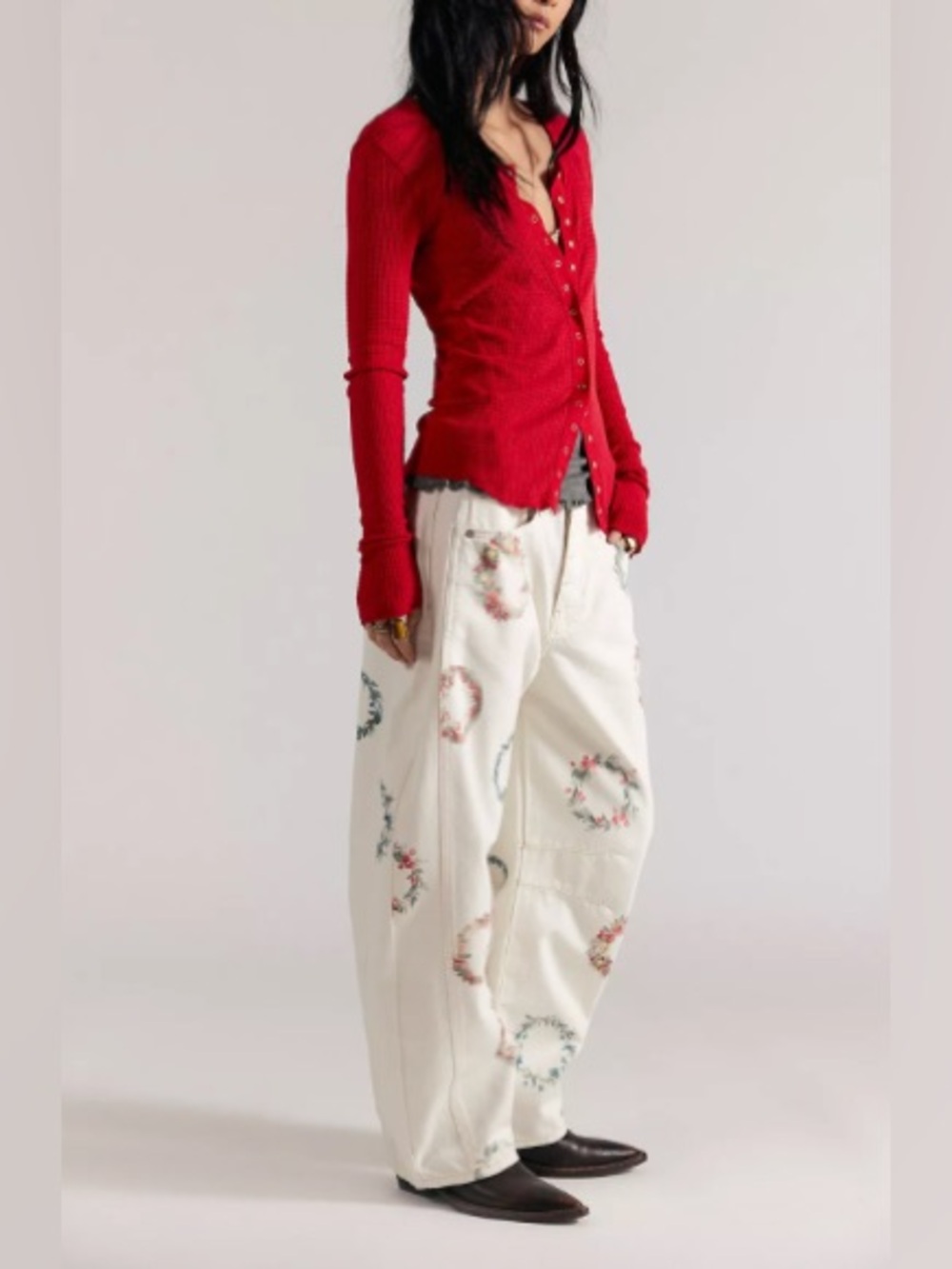 Free People Good Luck Mid Rise Barrel Jeans in Watercolor Wreath